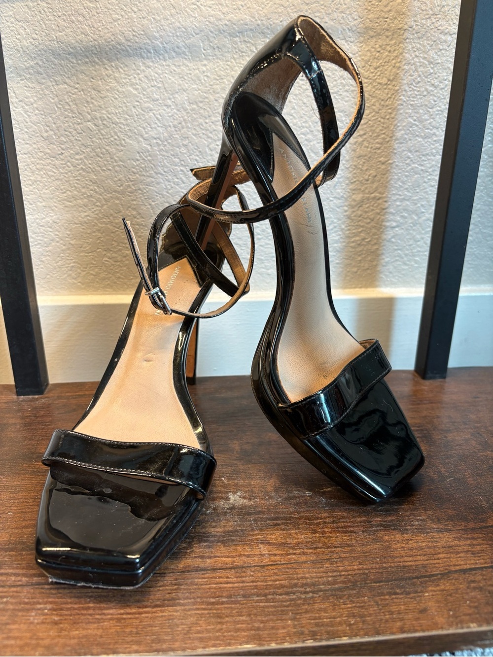 ANTONIO MELANI Black Patent Ankle-Strap Square-Toe Heels - Picture 2 of 8